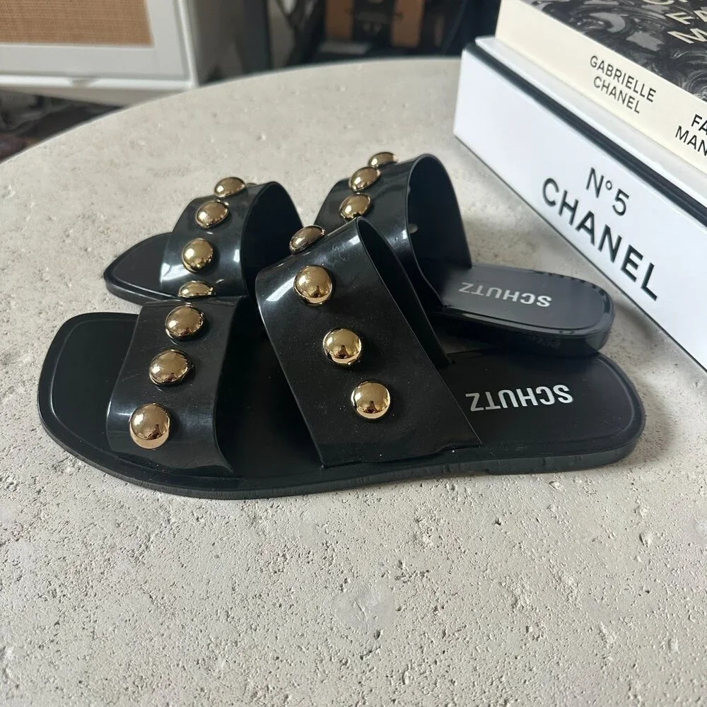 Schutz Lizzie Slide‎ Sandals Black Gold Studs Jelly Size 9 - Picture 5 of 9